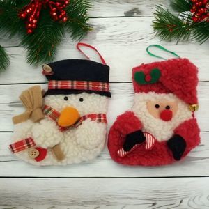 Santa Candy Cane & Snowman Broom Christmas Polyester Stocking Set Small 6" VTG